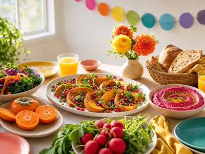 Sonniger, festlich gedeckter Brunch-Tisch am Fenster: in der Mitte eine Platte mit gerösteten Kürbisspalten, Granatapfelkernen und Kräutern, daneben pinkes Rote-Bete-Hummus, ein bunter Salat aus Karotten, Rotkohl und Grünkohl, halbierte Clementinen, Radieschen, ein Brotkorb, Orangensaft und ein Strauß gelber und oranger Dahlien, im Hintergrund eine bunte Papiergirlande