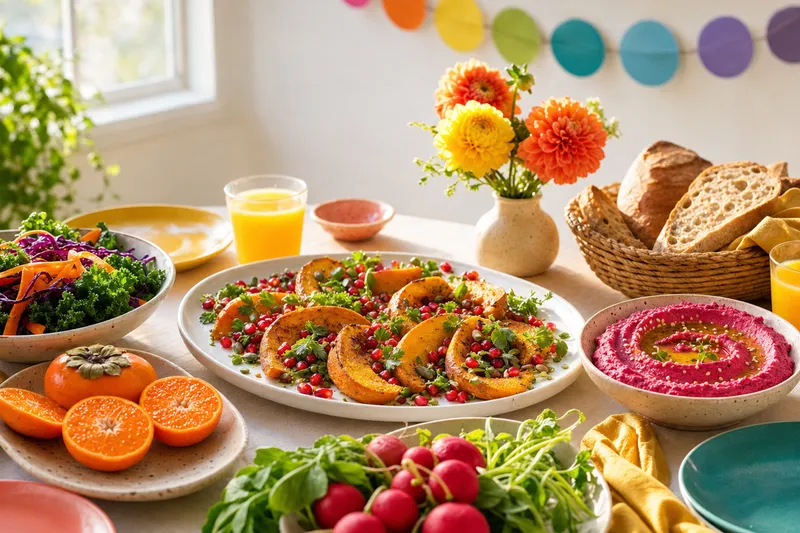 Sonniger, festlich gedeckter Brunch-Tisch am Fenster: in der Mitte eine Platte mit gerösteten Kürbisspalten, Granatapfelkernen und Kräutern, daneben pinkes Rote-Bete-Hummus, ein bunter Salat aus Karotten, Rotkohl und Grünkohl, halbierte Clementinen, Radieschen, ein Brotkorb, Orangensaft und ein Strauß gelber und oranger Dahlien, im Hintergrund eine bunte Papiergirlande
