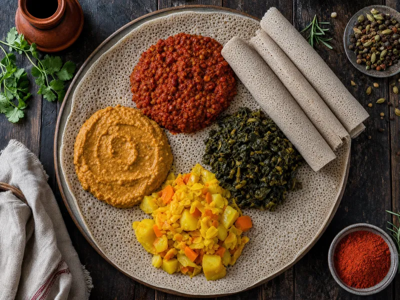 Äthiopische Fastentafel von oben: eine große Injera-Fladenbrotplatte, belegt mit Häufchen aus rotem Misir-Wot-Linseneintopf, cremigem Shiro, dunkelgrünem Gomen-Grünkohl und gelbem Atakilt-Wat-Gemüse, dazu gerollte Injera-Streifen am Rand
