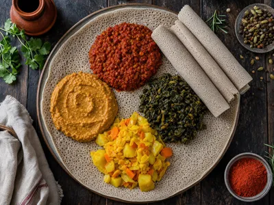 Äthiopische Fastentafel von oben: eine große Injera-Fladenbrotplatte, belegt mit Häufchen aus rotem Misir-Wot-Linseneintopf, cremigem Shiro, dunkelgrünem Gomen-Grünkohl und gelbem Atakilt-Wat-Gemüse, dazu gerollte Injera-Streifen am Rand