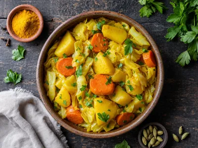 Schale mit äthiopischem Atakilt Wat: gelb leuchtende Kartoffelstücke, Karottenscheiben und Weißkohlstreifen mit Kurkuma, garniert mit frischer Petersilie, auf dunklem Holztisch