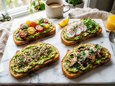 Vier verschiedene Avocado-Toast-Varianten auf Marmorfläche