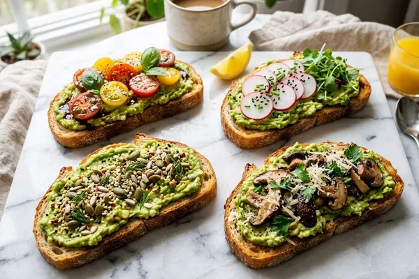 Vier verschiedene Avocado-Toast-Varianten auf Marmorfläche