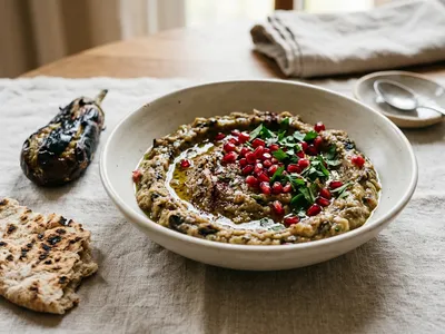 Schale rauchige Baba-Ghanoush-Auberginencreme mit Olivenöl, Granatapfelkernen und Petersilie, daneben eine verkohlte Aubergine und Fladenbrot