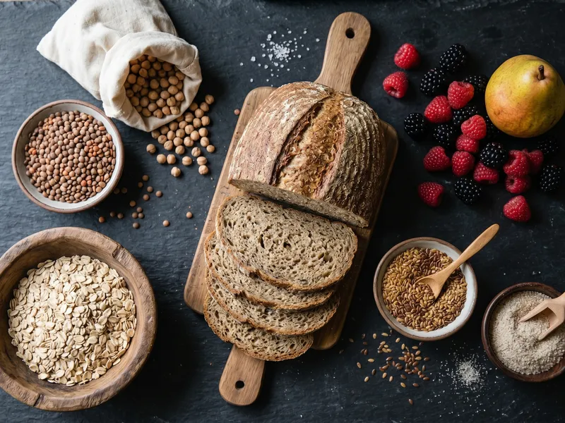 Ballaststoffreiche pflanzliche Lebensmittel in moodiger Stillleben-Anordnung — Haferflocken, Linsen, Kichererbsen, Vollkornbrot, Beeren, Birne, Leinsamen und Flohsamenschalen auf dunklem Untergrund
