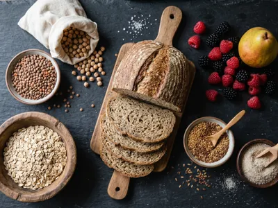 Ballaststoffreiche pflanzliche Lebensmittel in moodiger Stillleben-Anordnung — Haferflocken, Linsen, Kichererbsen, Vollkornbrot, Beeren, Birne, Leinsamen und Flohsamenschalen auf dunklem Untergrund
