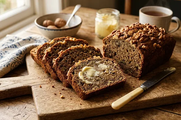 Angeschnittenes veganes Bananenbrot auf einem Holzbrett