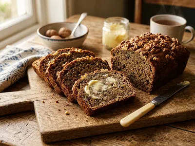 Angeschnittenes veganes Bananenbrot auf einem Holzbrett