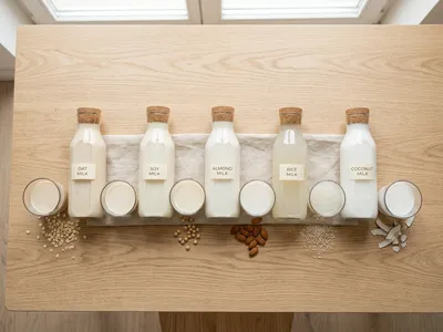 Fünf Gläser mit verschiedenen Pflanzenmilch-Sorten nebeneinander auf einem hellen Tisch