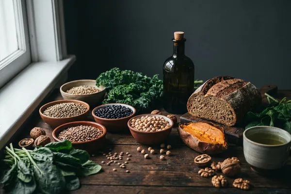 Pflanzliche Langlebigkeits-Lebensmittel in moodiger Stillleben-Anordnung — Linsen, Bohnen, Vollkornbrot, Olivenöl, Süßkartoffel, Blattgemüse, Walnüsse und grüner Tee auf dunklem Untergrund
