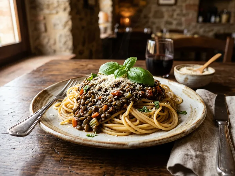Spaghetti mit Linsen-Bolognese und frischem Basilikum