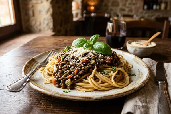 Spaghetti mit Linsen-Bolognese und frischem Basilikum