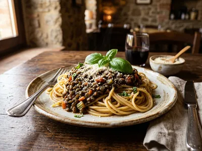Spaghetti mit Linsen-Bolognese und frischem Basilikum