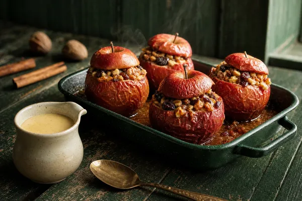 Vier vegane Bratäpfel mit aufgesetztem Deckel und einer Füllung aus Walnüssen und Rosinen in einer dunkelgrünen Emaille-Auflaufform mit Bratensaft, daneben ein Kännchen Vanillesauce, ein Messinglöffel, Zimtstangen und Walnüsse auf einem grün gestrichenen Holztisch