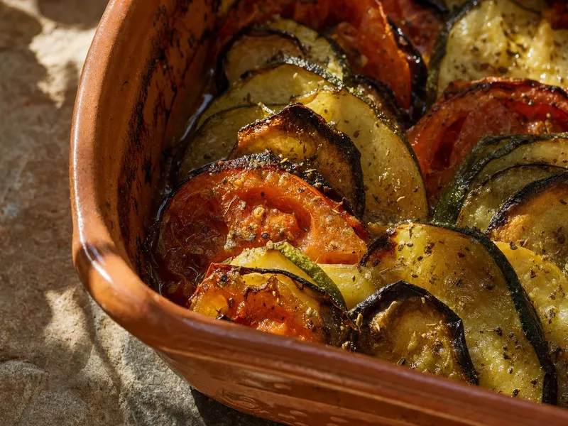 Nahaufnahme einer Tonform mit griechischem Briam: dachziegelartig geschichtete Scheiben von Zucchini, Aubergine, Kartoffel und Tomate mit dunkel gerösteten Rändern, glänzend von Olivenöl und Oregano