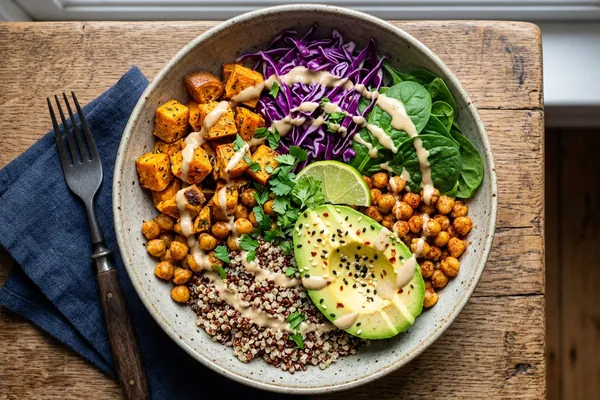 Bunte Buddha Bowl mit Quinoa und Tahini-Dressing