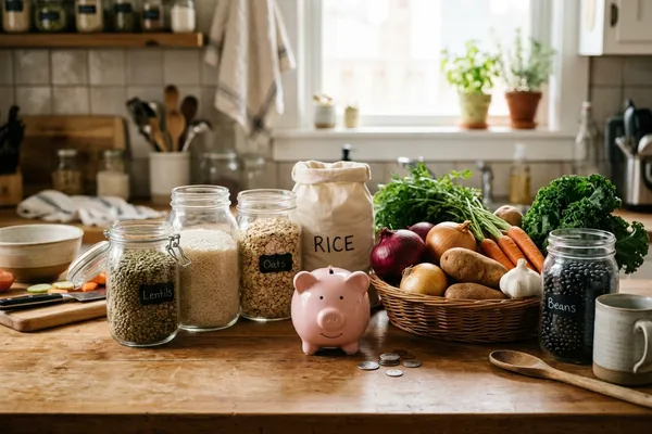 Günstige pflanzliche Lebensmittel und ein Sparschwein