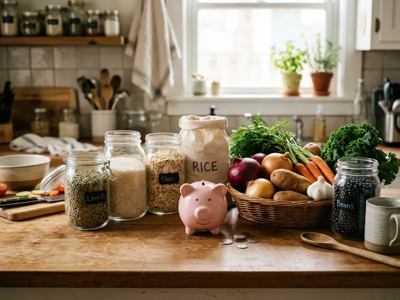 Günstige pflanzliche Lebensmittel und ein Sparschwein