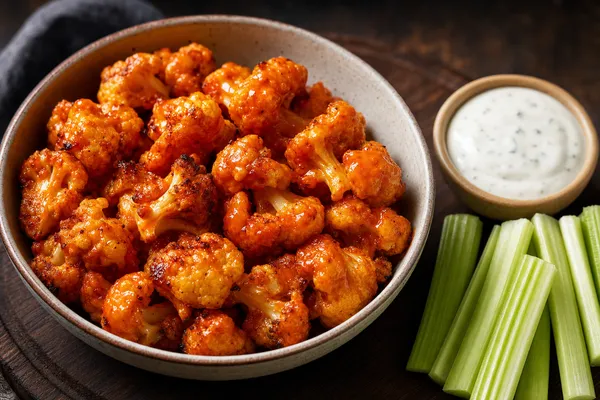 Eine Schale knusprig gebackener Blumenkohlröschen, glänzend in orangeroter Buffalo-Sauce, daneben ein Schälchen cremiger weißer Ranch-Dip und Selleriestangen auf einem dunklen Holzbrett