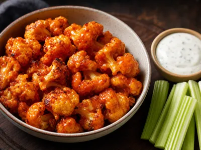 Eine Schale knusprig gebackener Blumenkohlröschen, glänzend in orangeroter Buffalo-Sauce, daneben ein Schälchen cremiger weißer Ranch-Dip und Selleriestangen auf einem dunklen Holzbrett