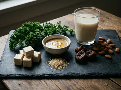 Pflanzliche Calciumquellen in moodiger Stillleben-Anordnung — Calcium-Tofu-Würfel, Grünkohlblätter, Tahin, getrocknete Feigen, Mandeln und ein Glas angereicherte Pflanzenmilch auf dunklem Schiefer