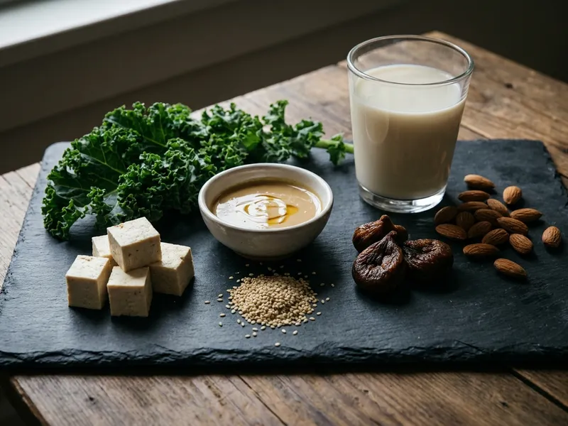 Pflanzliche Calciumquellen in moodiger Stillleben-Anordnung — Calcium-Tofu-Würfel, Grünkohlblätter, Tahin, getrocknete Feigen, Mandeln und ein Glas angereicherte Pflanzenmilch auf dunklem Schiefer