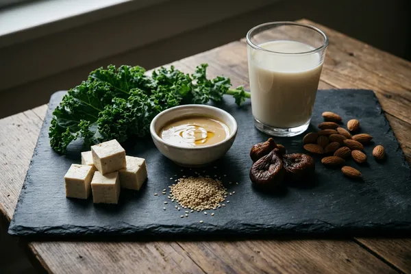Pflanzliche Calciumquellen in moodiger Stillleben-Anordnung — Calcium-Tofu-Würfel, Grünkohlblätter, Tahin, getrocknete Feigen, Mandeln und ein Glas angereicherte Pflanzenmilch auf dunklem Schiefer