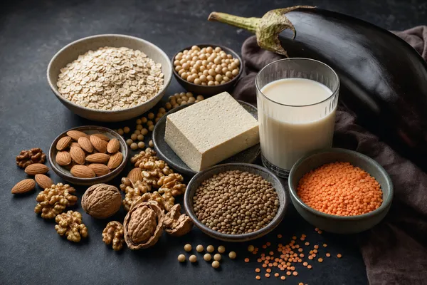 Moodiges Stillleben pflanzlicher Cholesterin-Senker auf dunklem Schiefer: eine Schale Haferflocken, Walnüsse und Mandeln, Sojabohnen und Tofu, Hülsenfrüchte, Aubergine und Okra sowie eine kleine Schale mit angereichertem Pflanzendrink.
