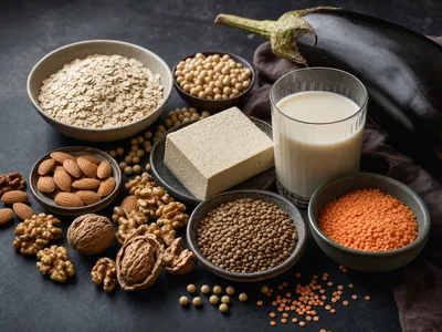 Moodiges Stillleben pflanzlicher Cholesterin-Senker auf dunklem Schiefer: eine Schale Haferflocken, Walnüsse und Mandeln, Sojabohnen und Tofu, Hülsenfrüchte, Aubergine und Okra sowie eine kleine Schale mit angereichertem Pflanzendrink.