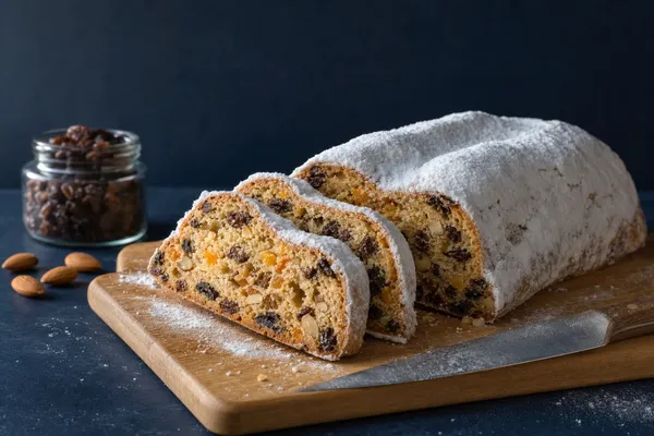 Veganer Christstollen dick mit Puderzucker bestäubt auf einem hellen Holzbrett, zwei angeschnittene Scheiben zeigen die Krume mit Rosinen, Orangeat und Mandeln, daneben ein Brotmesser, ein Glas Rosinen und Mandeln vor dunkelblauem Hintergrund