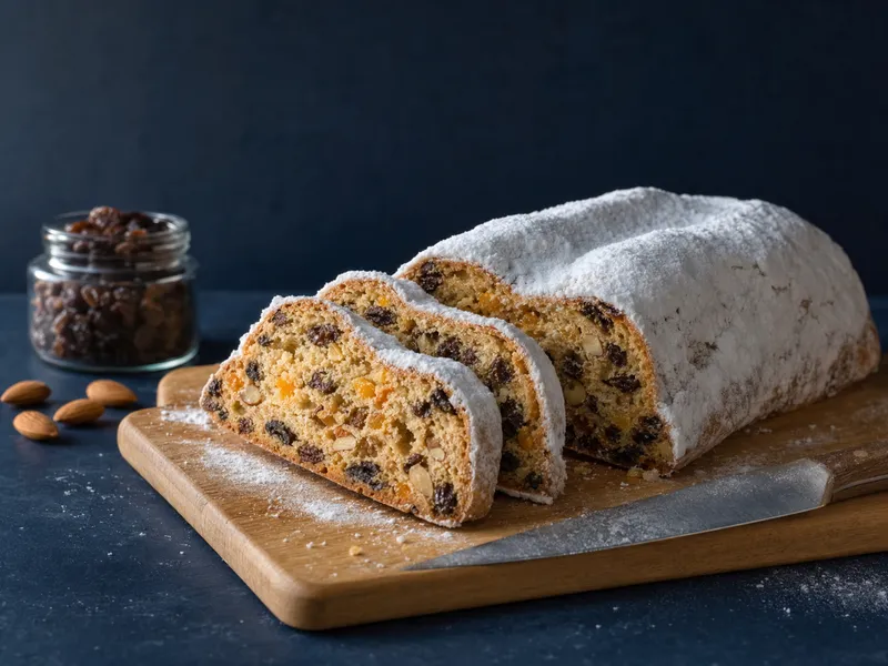 Veganer Christstollen dick mit Puderzucker bestäubt auf einem hellen Holzbrett, zwei angeschnittene Scheiben zeigen die Krume mit Rosinen, Orangeat und Mandeln, daneben ein Brotmesser, ein Glas Rosinen und Mandeln vor dunkelblauem Hintergrund