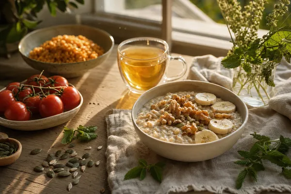 Sommerliches pflanzliches Abendessen auf einem Holztisch im warmen Abendlicht am Fenster: eine Schale cremiger Haferbrei mit Bananenscheiben und Walnüssen, daneben rote Rispentomaten, eine Schale rote Linsen, verstreute Kürbiskerne, eine Tasse goldener Kräutertee und frische Kräuter auf hellem Leinen.