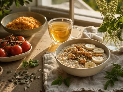 Sommerliches pflanzliches Abendessen auf einem Holztisch im warmen Abendlicht am Fenster: eine Schale cremiger Haferbrei mit Bananenscheiben und Walnüssen, daneben rote Rispentomaten, eine Schale rote Linsen, verstreute Kürbiskerne, eine Tasse goldener Kräutertee und frische Kräuter auf hellem Leinen.