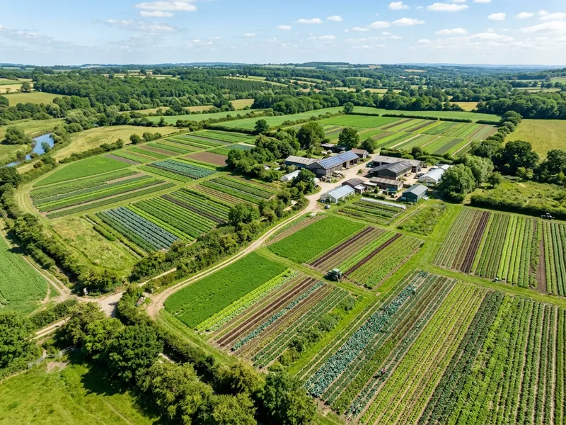 Grünes Ackerland mit wachsendem Gemüse aus der Vogelperspektive