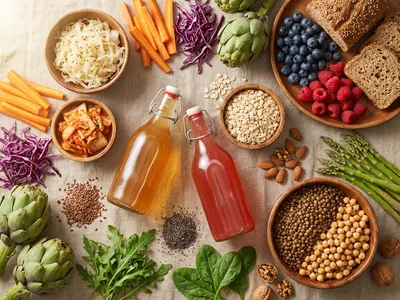 Bunte Auswahl darmfreundlicher pflanzlicher Lebensmittel — Sauerkraut, Kimchi, Kombucha, Beeren, Hafer, Hülsenfrüchte, Samen und Gemüse