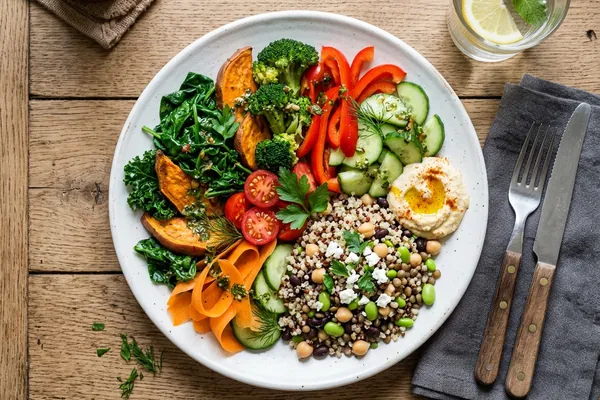 Bunter Teller mit pflanzlicher Ernährung nach DGE-Empfehlung