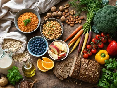 Holztisch von oben mit frischen pflanzlichen Lebensmitteln aus allen Gruppen des Ernährungskreises — Linsen, Kichererbsen, Nüsse, Gemüse, Obst, Vollkornbrot, Haferflocken, Kartoffeln, Pflanzendrink und Rapsöl