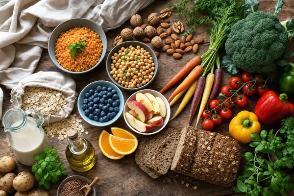 Holztisch von oben mit frischen pflanzlichen Lebensmitteln aus allen Gruppen des Ernährungskreises — Linsen, Kichererbsen, Nüsse, Gemüse, Obst, Vollkornbrot, Haferflocken, Kartoffeln, Pflanzendrink und Rapsöl