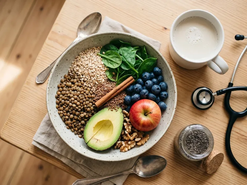 Schüssel mit braunen Linsen, Haferflocken, Quinoa, Spinat, Heidelbeeren, Avocado und Walnüssen auf hellem Holz — typische pflanzliche Bausteine einer blutzucker-freundlichen Ernährung