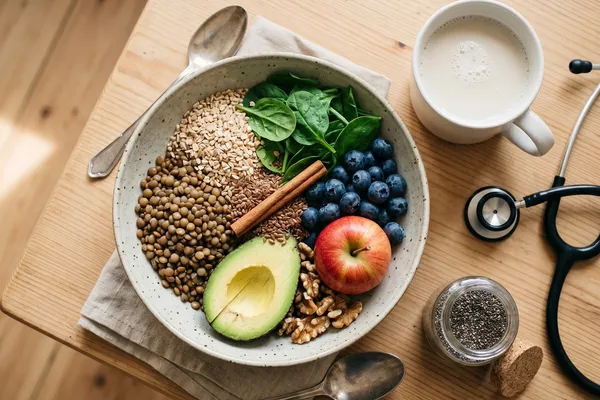Schüssel mit braunen Linsen, Haferflocken, Quinoa, Spinat, Heidelbeeren, Avocado und Walnüssen auf hellem Holz — typische pflanzliche Bausteine einer blutzucker-freundlichen Ernährung