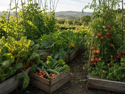 Sommerlicher Gemüsegarten mit Hochbeeten voller Tomaten, Mangold und Zucchini, davor eine Holzkiste mit frisch geerntetem Gemüse im Morgenlicht