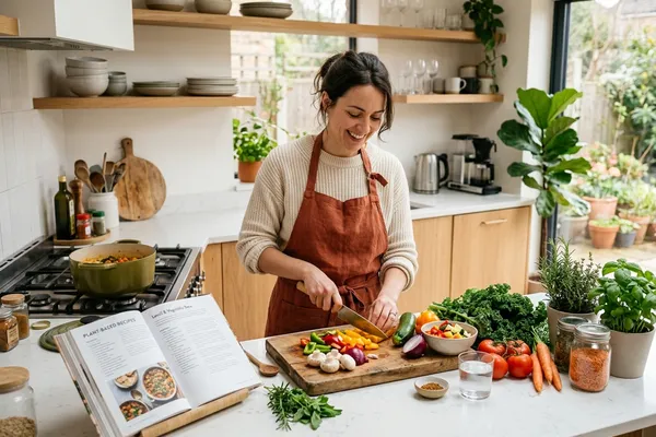 Einladende Küche mit frischen Zutaten und Kochbuch