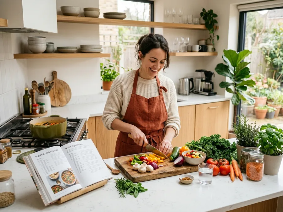 Einladende Küche mit frischen pflanzlichen Zutaten und Kochbuch