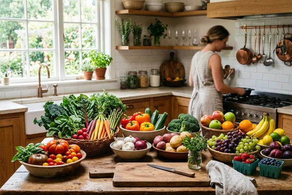 Einladende Küchenszene mit frischem Obst und Gemüse