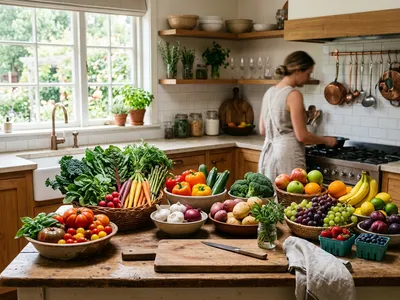Einladende Küchenszene mit frischem Obst und Gemüse