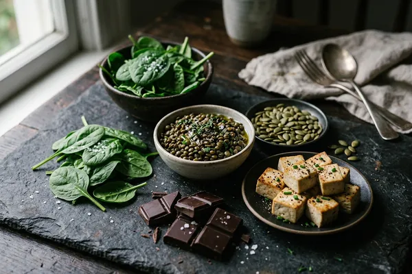 Eisenreiche pflanzliche Lebensmittel auf dunklem Untergrund