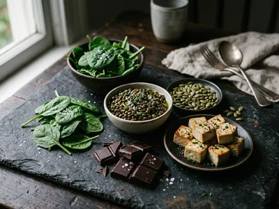 Eisenreiche pflanzliche Lebensmittel auf dunklem Untergrund
