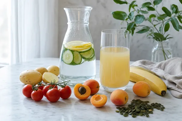 Sommerlicher Tisch im Tageslicht mit einer Karaffe Wasser mit Zitronen- und Gurkenscheiben, einem Glas trüber Apfelschorle, dazu eine Schale gekochter Kartoffeln, rote Tomaten, Aprikosen, eine Banane und ein Häufchen Kürbiskerne auf hellem Leinen.