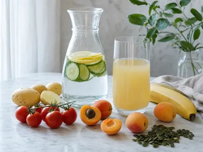Sommerlicher Tisch im Tageslicht mit einer Karaffe Wasser mit Zitronen- und Gurkenscheiben, einem Glas trüber Apfelschorle, dazu eine Schale gekochter Kartoffeln, rote Tomaten, Aprikosen, eine Banane und ein Häufchen Kürbiskerne auf hellem Leinen.