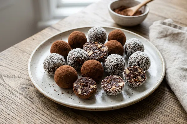 Energy Balls mit Kakao und Kokosraspeln auf einem Teller